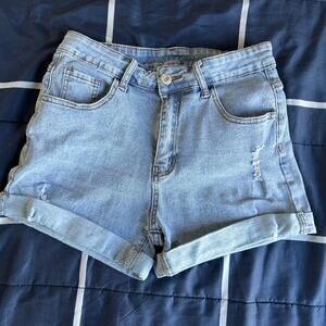Light Wash Cuffed Denim Shorts High Rise Stretch Size L